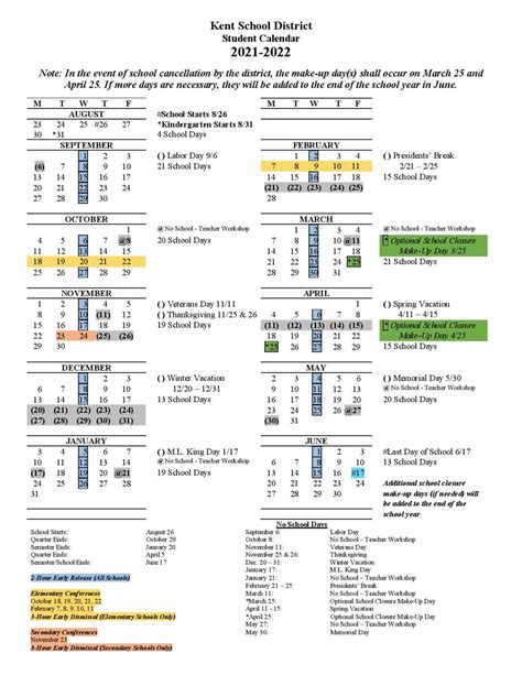 Kent School District Calendar Key Dates