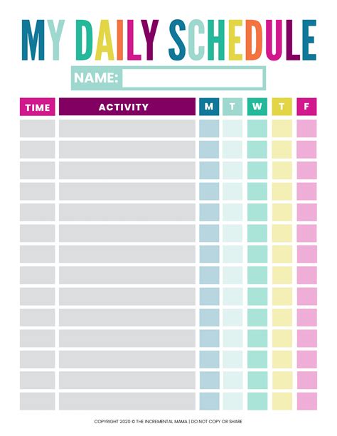 A variety of kids' schedule templates