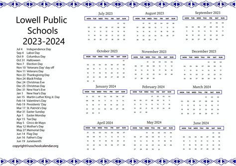 Lowell School Calendar Overview