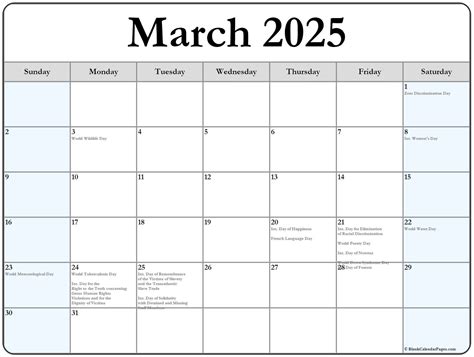 March 2025 Holidays Calendar