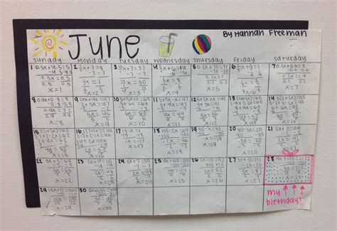 Math Calendar Guide for Algebra