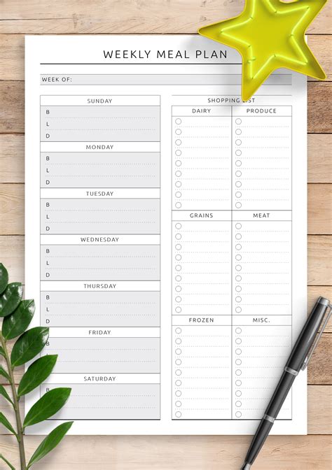 Meal planner with grocery list template