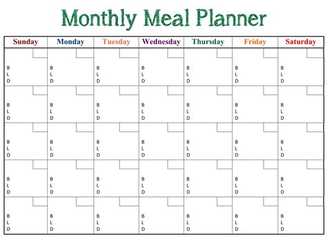 Monthly meal calendar template