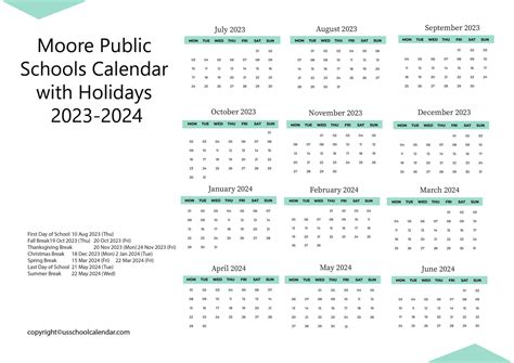 Moore School Holidays Calendar