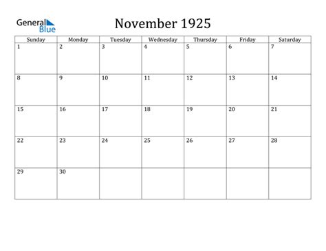 November 1925 Calendar Image