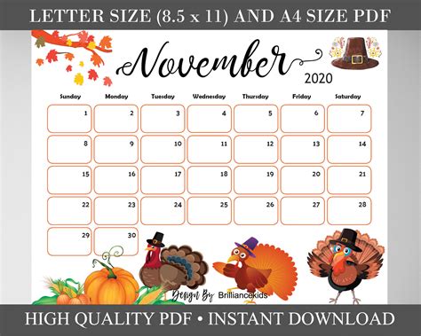 November Calendar Printable Ideas for Kids