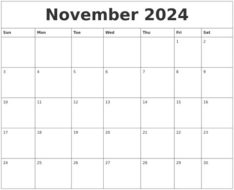 November Calendar Printable Templates for Excel