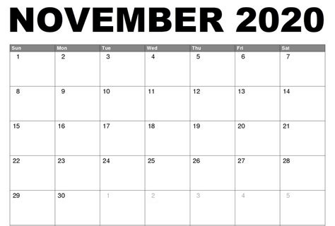 November Calendar Printable Templates