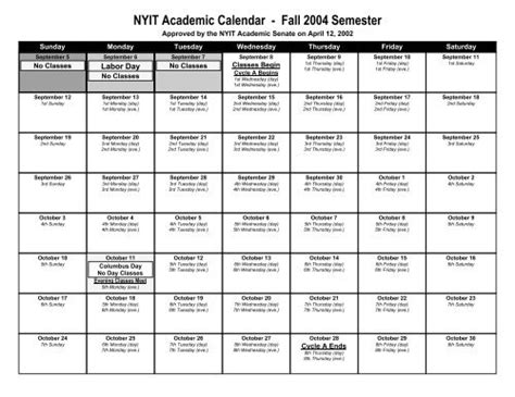 NYIT Academic Calendar