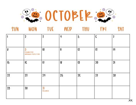 October Calendar Printable Templates