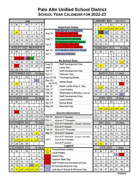 Palo Alto Schools Calendar Image 1