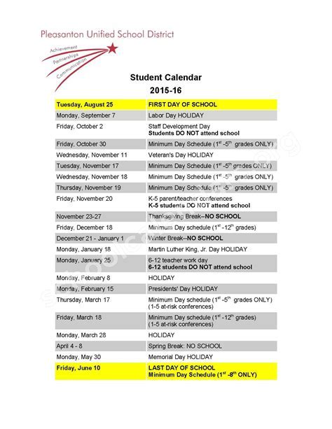 Pleasanton Elementary School Calendar