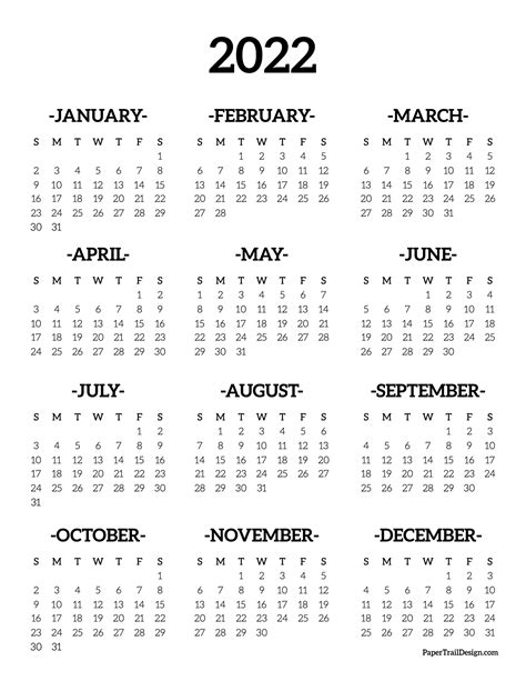 Printable annual calendar 2022