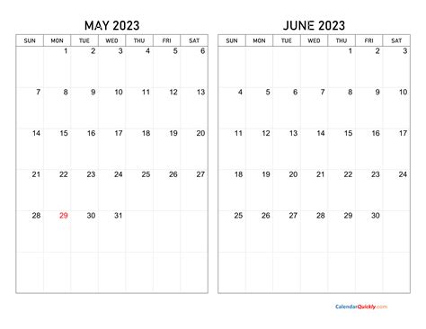 Description of Printable Calendar for May and June