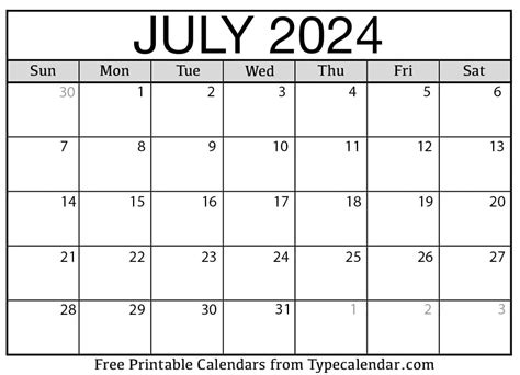 Printable Calendar July