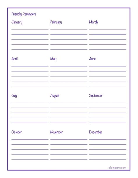 Printable calendar with reminders