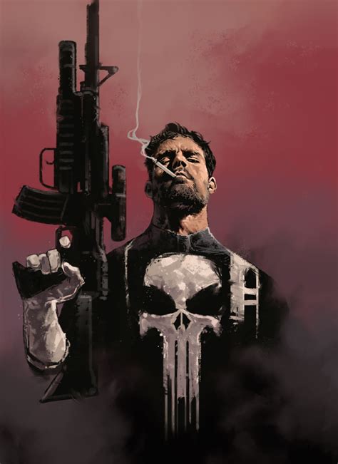 Punisher standing in front of a government building, gun in hand, ready to take on the corrupt officials