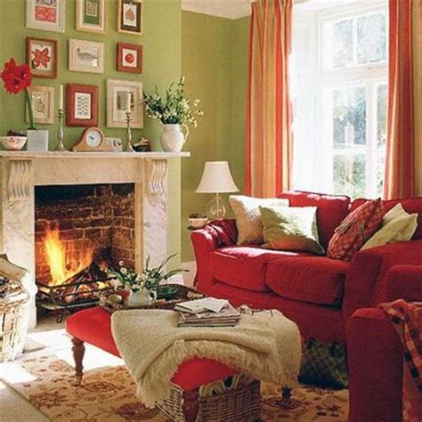 A cozy living room with red and green accents creates a warm and inviting ambiance.