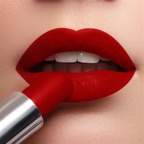 A red lipstick with a bold, bright color