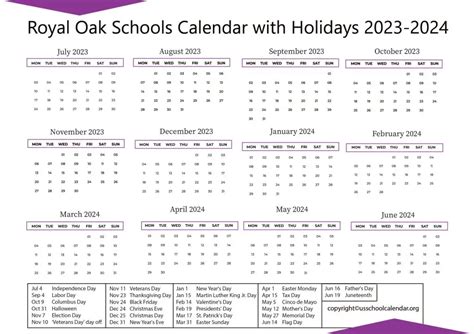 Royal Oak Schools Calendar Image 1