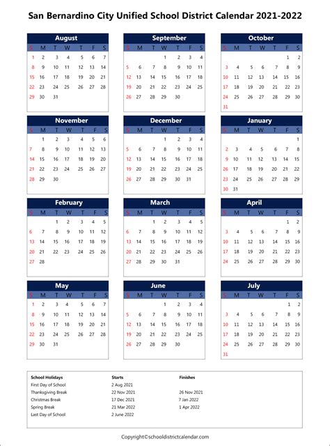 San Bernardino District Calendar Overview