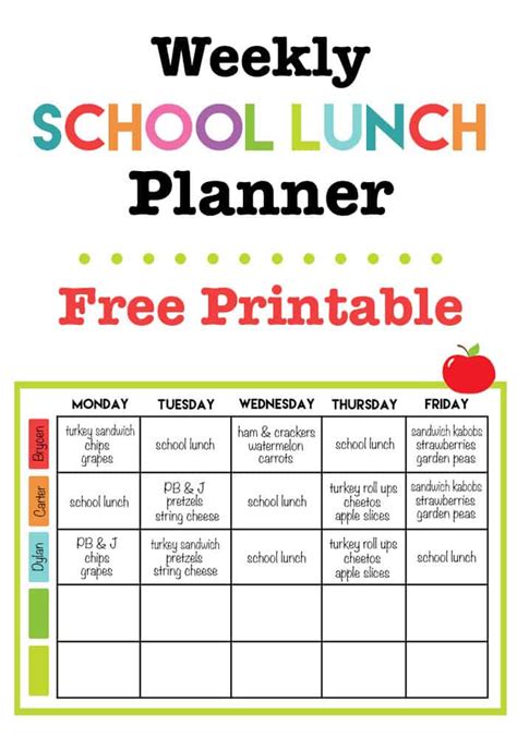 School Lunch Calendar Ideas