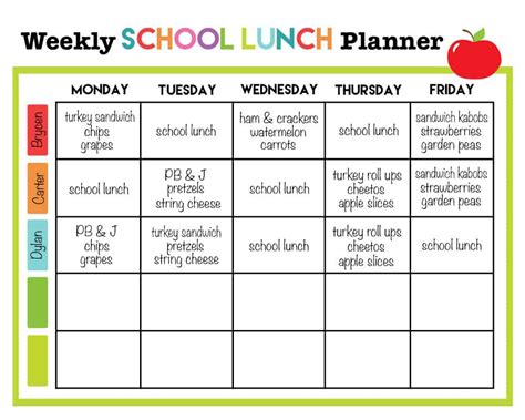 School Lunch Calendar Templates