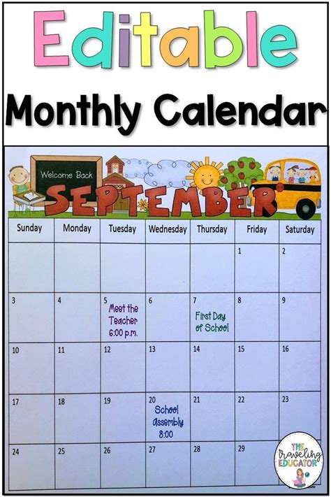 September Calendar Printable for Teachers