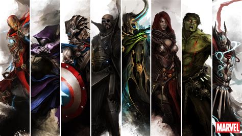 Superheroes and fantasy creatures drawing