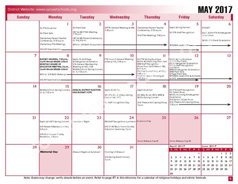 Syosset CSD Calendar Overview