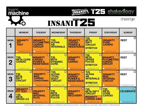 T25 Workout Calendar Example