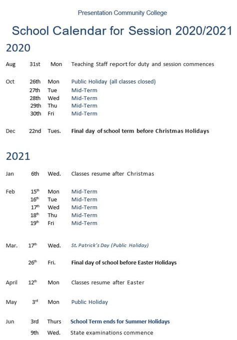 TCAPS Calendar Overview