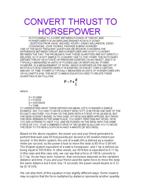 Thrust to Horsepower Conversion Formulas