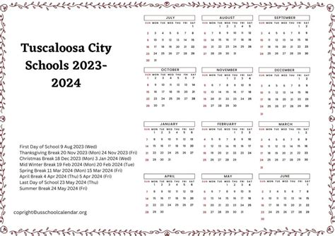 Tuscaloosa City Schools Calendar Overview