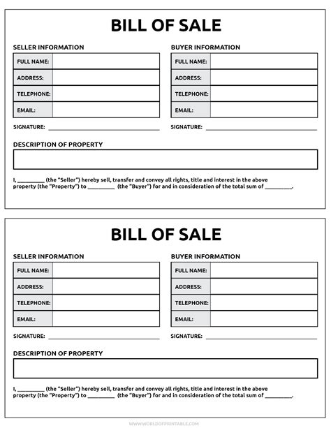 Types of Bill Sale Printables