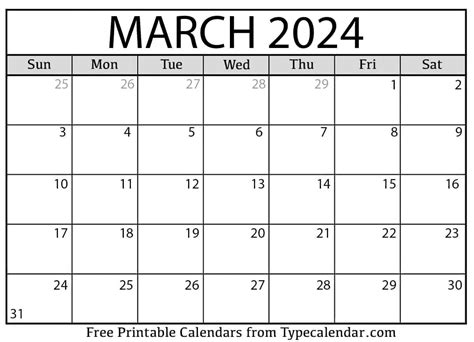 Types of March calendar printables