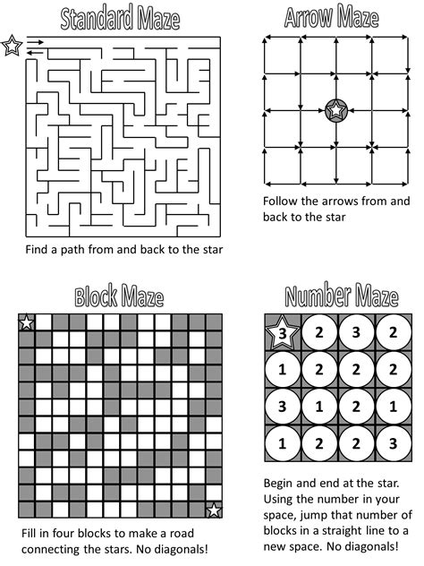 Different types of maze printables for kids and adults