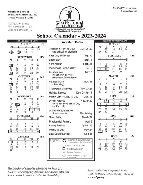 Using West Hartford Public Schools Calendar