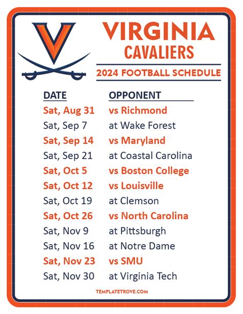 UVA Football Schedule Calendar