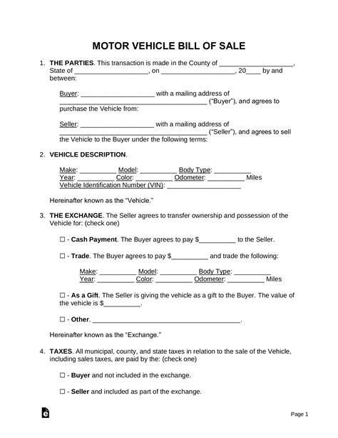 Vehicle Bill of Sale Forms