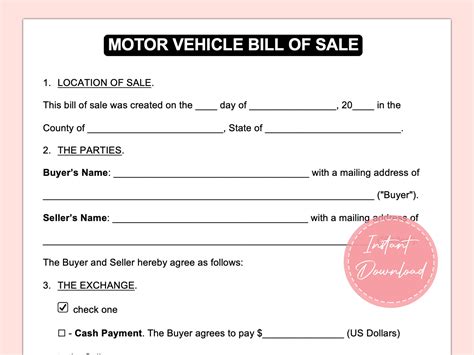 Vehicle Bill of Sale Template Download