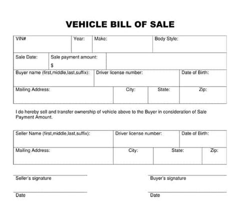 Vehicle Bill of Sale Template Excel