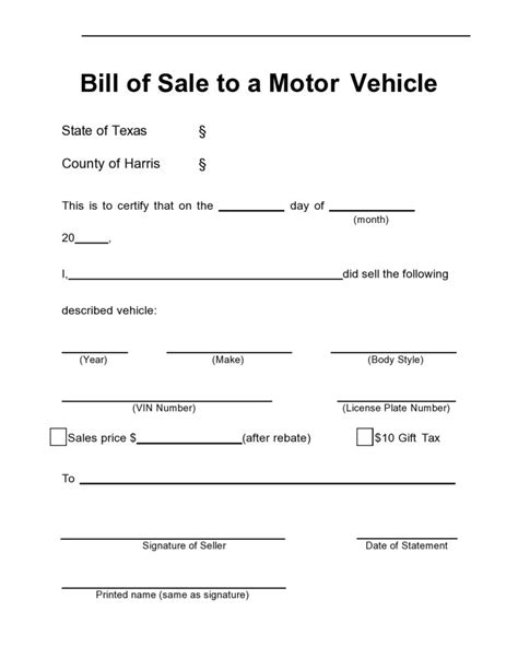 Vehicle Bill of Sale Template PDF