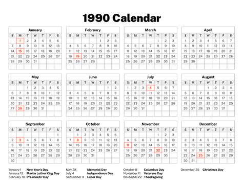 vintage 1990 calendar