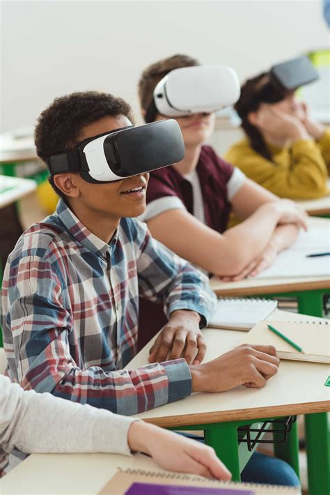 A concept art of a virtual reality classroom, with students and teachers interacting in a virtual environment