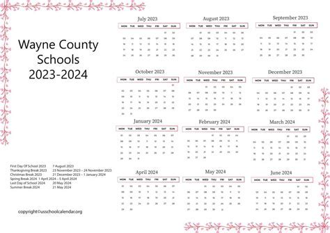 Wayne Schools Calendar Overview