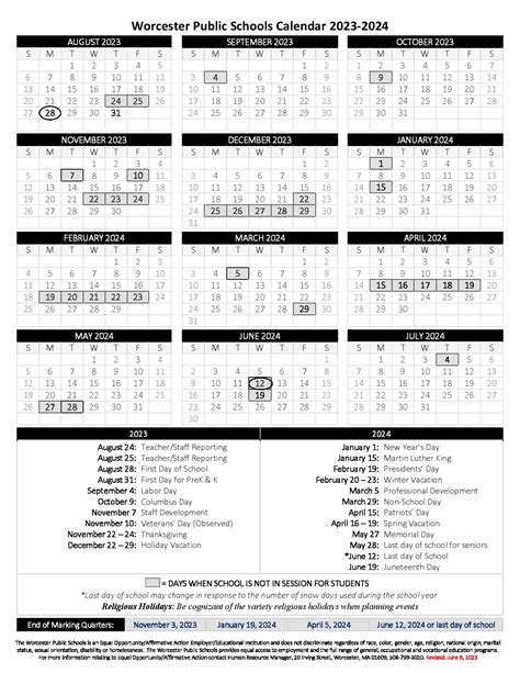 Worcester Public Schools Calendar and Academic Planning