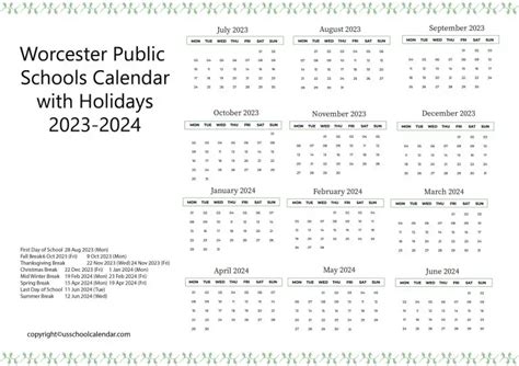 Worcester Schools Calendar Overview