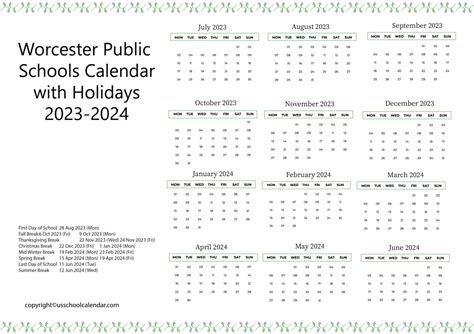 Worcester Schools Calendar Events